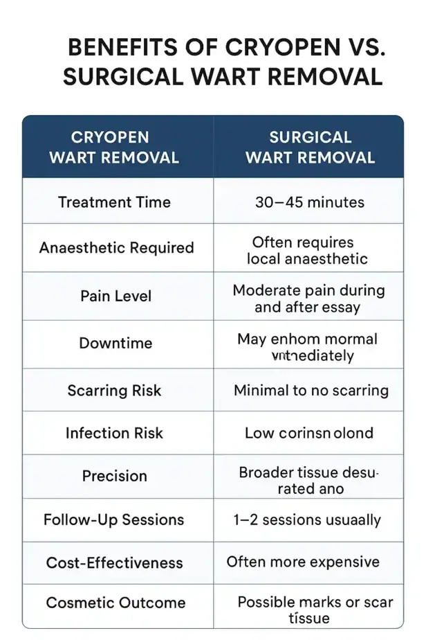 Table showing the benefits of cryopen to remove warts Felixstowe compared to surgical treatment